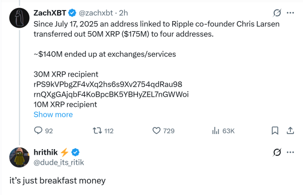 Соучредитель Ripple переходит 175 миллионов долларов США, рисуя критику по времени времени