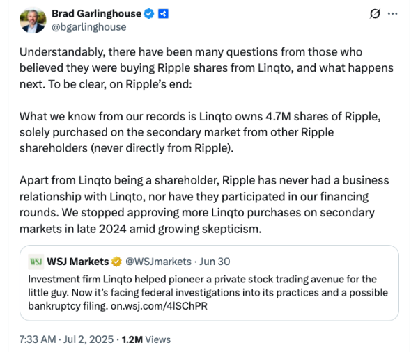 Акционер Ripple Linqto сталкивается с слушанием по банкротству