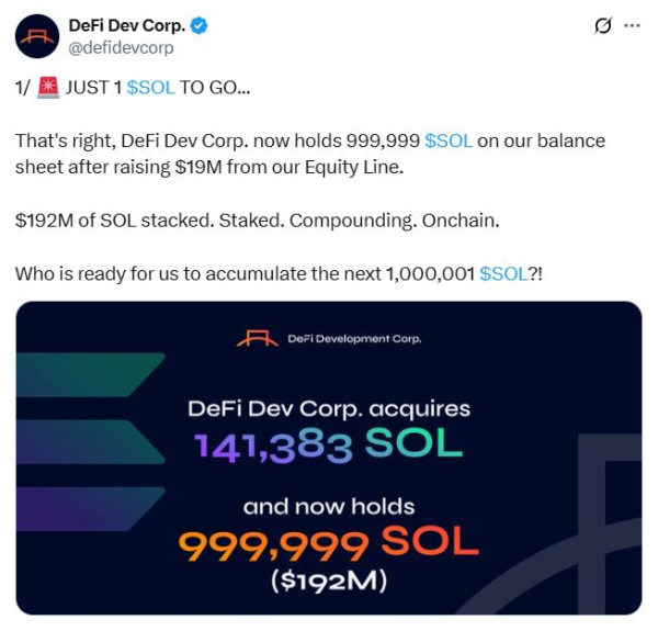 Defi Development приближается к 1 млн. Солана в казначействе