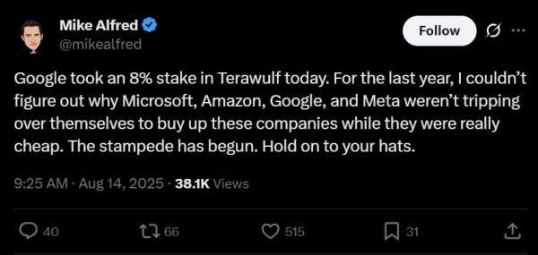 Terawulf приземляется в размере 3,7 млрд. Долл. США.
