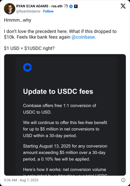 COINBASE, чтобы взимать плату на USDC, замены более 5 миллионов долларов США.