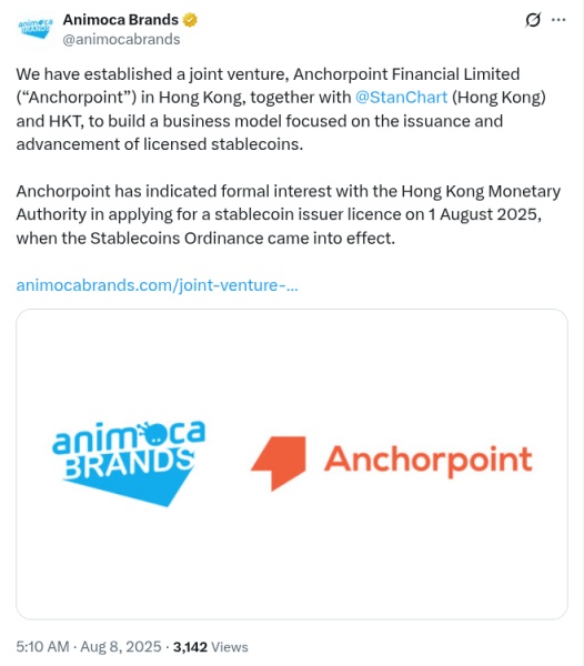 Standard Chartered и Animoca Launch HK StableCoin Venture