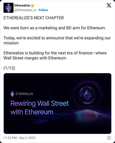 Etherealize привлечет 40 миллионов долларов на рынок Ethereum для финансовых фирм