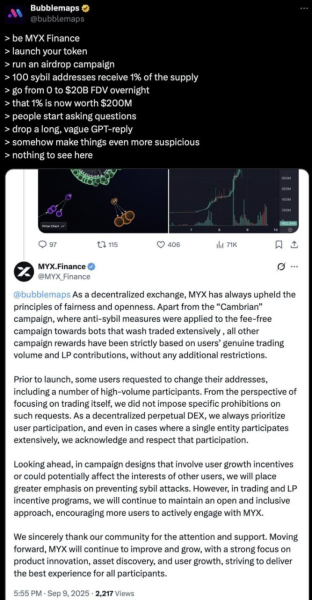 MYX Finance взлетел на 2000% за 10 дней, сообщество заподозрило инсайдеров