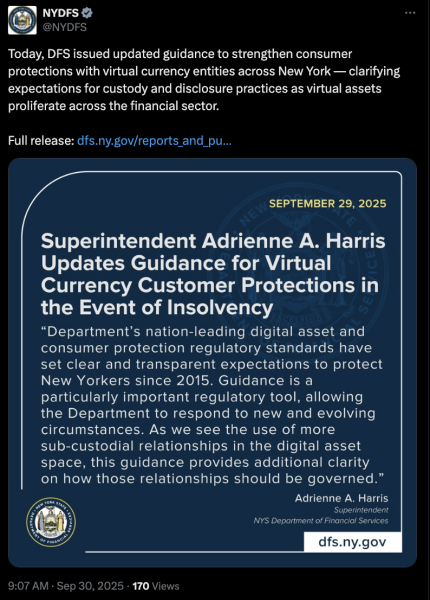 Top NY регулятор обновляет руководство по криптовалюте после объявления о ее отъезде