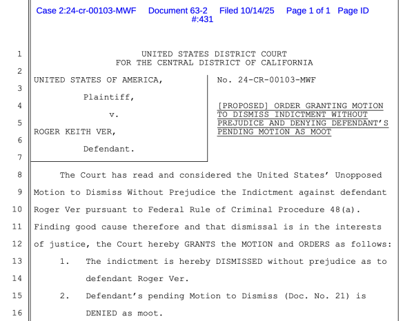 Правительство США намерено отклонить налоговое дело Роджера Вера, заключив сделку на 50 миллионов долларов