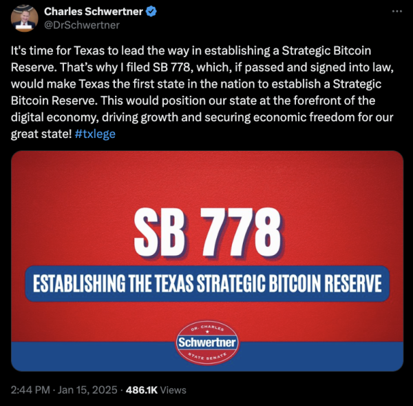 Законодатель из Техаса, стоящий за законопроектом о криптовалютном резерве штата: следующим может стать эфир