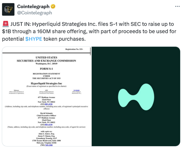 Hyperliquid Strategies привлекла 1 миллиард долларов, чтобы купить больше хайпа Hyperliquid Strategies привлекла 1 миллиард долларов, чтобы купить больше хайпа