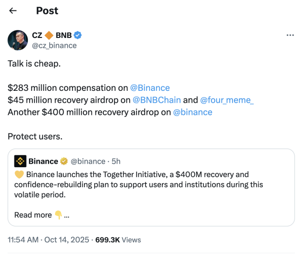 Binance запускает программу на 400 миллионов долларов для трейдеров, пострадавших от пятничного спада