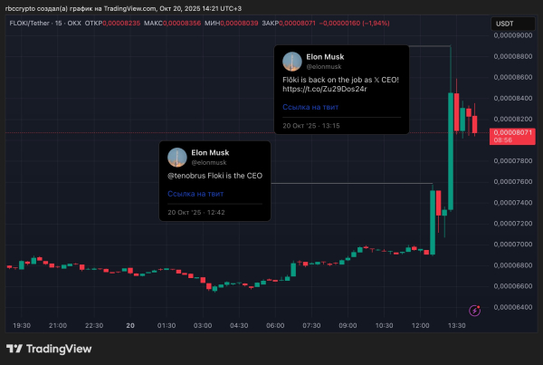 Мемкоин FLOKI взлетел на 30% после слов Маска о его псе на месте главы X Мемкоин FLOKI взлетел на 30% после слов Маска о его псе на месте главы X