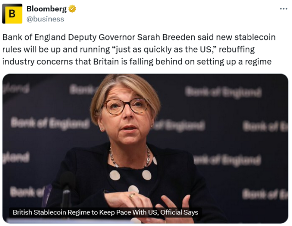Ведущий банк Великобритании заявляет, что правила стейблкоина вступят в силу так же быстро, как и в США Ведущий банк Великобритании заявляет, что правила стейблкоина вступят в силу так же быстро, как и в США