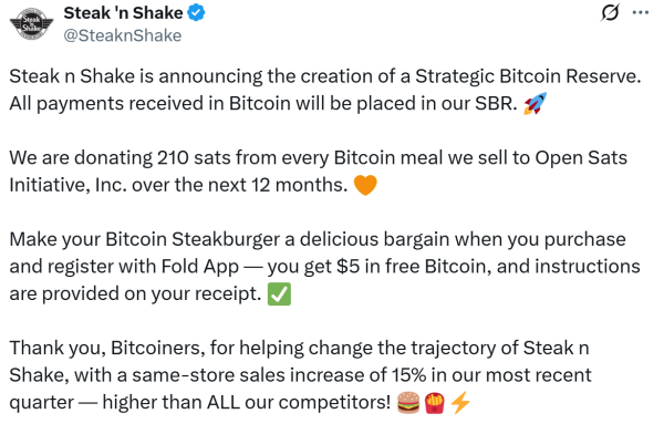 Steak ‘n Shake запускает стратегический биткоин-резерв